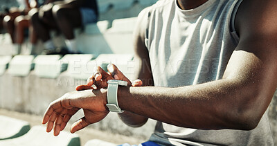 Buy stock photo Stadium, hands and smart watch with time for exercise, monitor performance and fitness application. Closeup, outdoor and person with clock for workout results, progress and runner on cardio break