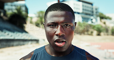 Buy stock photo Runner, black man and tired with breathing at stadium for race competition, endurance challenge and sweating. Fitness, athlete and sports portrait with fatigue for running recovery, exhausted or rest