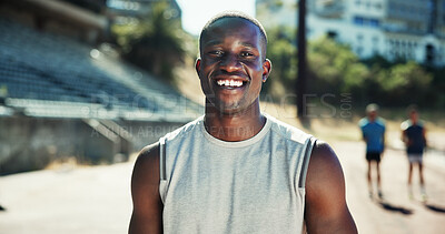 Buy stock photo Portrait, athlete black man with smile at stadium for exercise, sports training and practice on track field. Male runner, happy and confidence for fitness, workout and endurance of marathon challenge