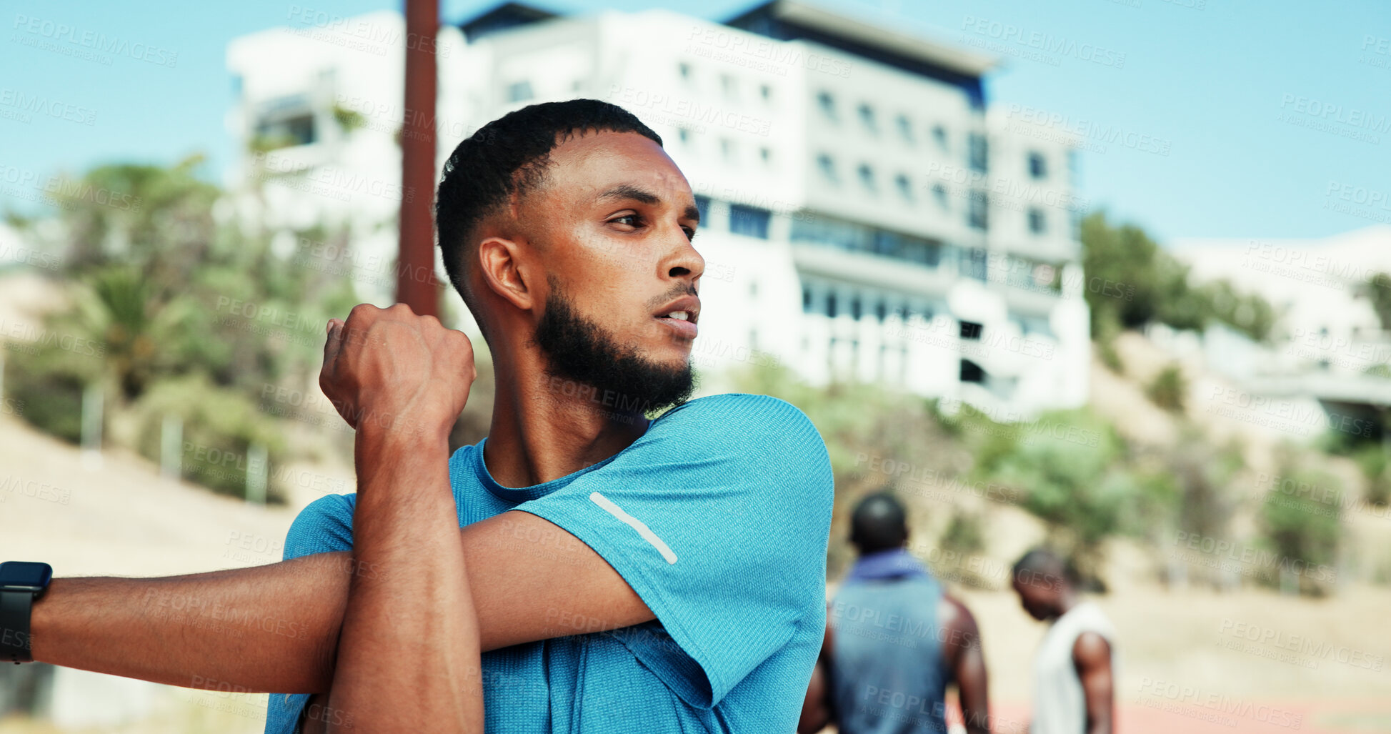 Buy stock photo Stretching, runner and thinking with man in stadium for marathon training, health and cardio challenge. Warm up, competition and exercise with person outdoor for athlete, workout and reflection
