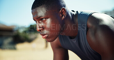 Buy stock photo Man, fitness and thinking at stadium with sweat, exhausted or burnout on exercise break. Athlete, runner or outdoor in Kenya with workout fatigue, tired or cardio challenge on race track for wellness