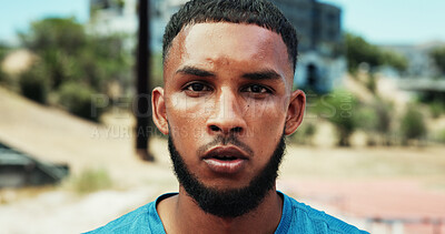 Buy stock photo Portrait, man or athlete sweating in stadium of outdoor fitness training, cardio workout or sports exercise. Race track, confident or face of tired runner on break for breathing in running practice