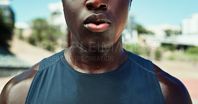 Buy stock photo Athlete, mouth and tired with breathing outdoor for running challenge, endurance training and exhausted. Fitness, black person and sports fatigue for marathon recovery, cardio burnout and sweating