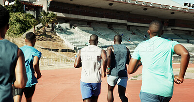 Buy stock photo Back, people and running for race on track for exercise, training and competition for marathon. Athlete, men and runner with speed for fitness event, performance and sports challenge for tournament