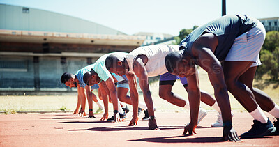 Group, people and starting line for race for exercise, training and competition for marathon. Athlete, men and runners preparation for fitness event, performance and sports challenge for tournament