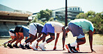Athlete, men and starting line for race for exercise, training and competition for marathon. Active, people and runners preparation for fitness event, performance and sports challenge for tournament