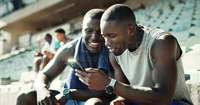 Buy stock photo Sports, friends and phone with men in stadium for running performance, fitness stats and online training plan. Teamwork, workout metrics and exercise schedule with people for competition results