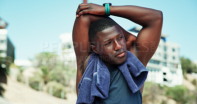 Buy stock photo Stretching, runner and fitness with black man in stadium for marathon training, health and cardio challenge. Warm up, competition and exercise with person for sports athlete, workout and wellness
