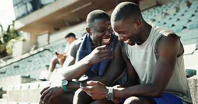 Buy stock photo Athlete, friends and phone with men in stadium for running performance, fitness stats and online training plan. Teamwork, workout metrics and exercise schedule with people for competition results