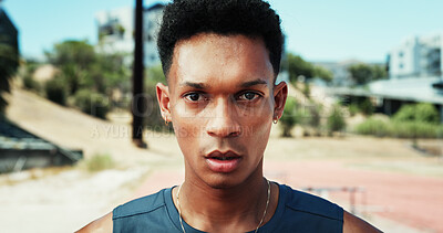 Buy stock photo Portrait, man or athlete breathing in stadium of outdoor fitness training, cardio workout or sports exercise. Race track, confident or face of serious runner on break for recovery in running practice