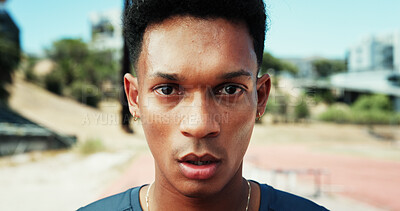 Buy stock photo Portrait, man or runner breathing in stadium of outdoor fitness training, cardio workout or sports exercise. Race track, confident or face of male athlete on break for recovery in running practice