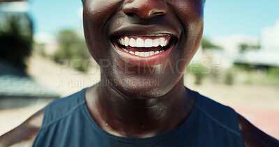 Buy stock photo Black man, runner or mouth with smile for fitness of sports competition, winning race or exercise progress. Happy, male person and running achievement, challenge success and training goals at stadium