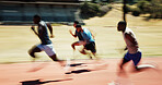 Athlete, people and running for race on track for exercise, training and competition of marathon. Active, men and runner with speed for fitness event, performance and sports challenge for tournament