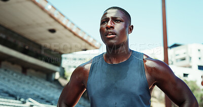 Buy stock photo Runner, black man and tired with fitness at stadium for race competition, sprinting challenge and sweating. Athlete, breathing and sports fatigue outdoor for running recovery, marathon and burnout