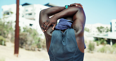 Buy stock photo Athlete, stretching and back of black man for sports, fitness competition and challenge outdoor. Male person, warm up and workout to prepare muscle, arms and run for exercise and performance