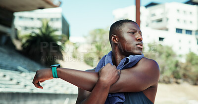 Buy stock photo Athlete, stretching and workout of black man for sports, fitness competition and challenge outdoor. Male person, training and warm up to prepare muscle, arms and run for exercise and performance