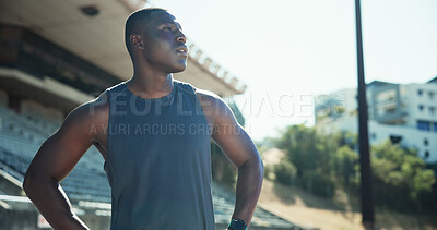 Buy stock photo Athlete, runner and black man with thinking at stadium for competition practice, contemplating race or training. Fitness, person or ready for running track outdoor with exercise reflection or workout