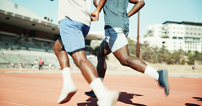 Buy stock photo Legs, people and running for race on track for exercise, training and competition for marathon. Active, men and runner with speed for fitness event, performance and sports challenge for tournament