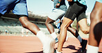 Group, people and running for race on track for exercise, training and competition for marathon. Active, men and runner with speed for fitness event, performance and sports challenge for tournament