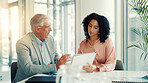 Business people, planning and documents in office, conversation or research for sales project. Employees, paperwork and ad agency with discussion, cooperation and advice for budget report or help
