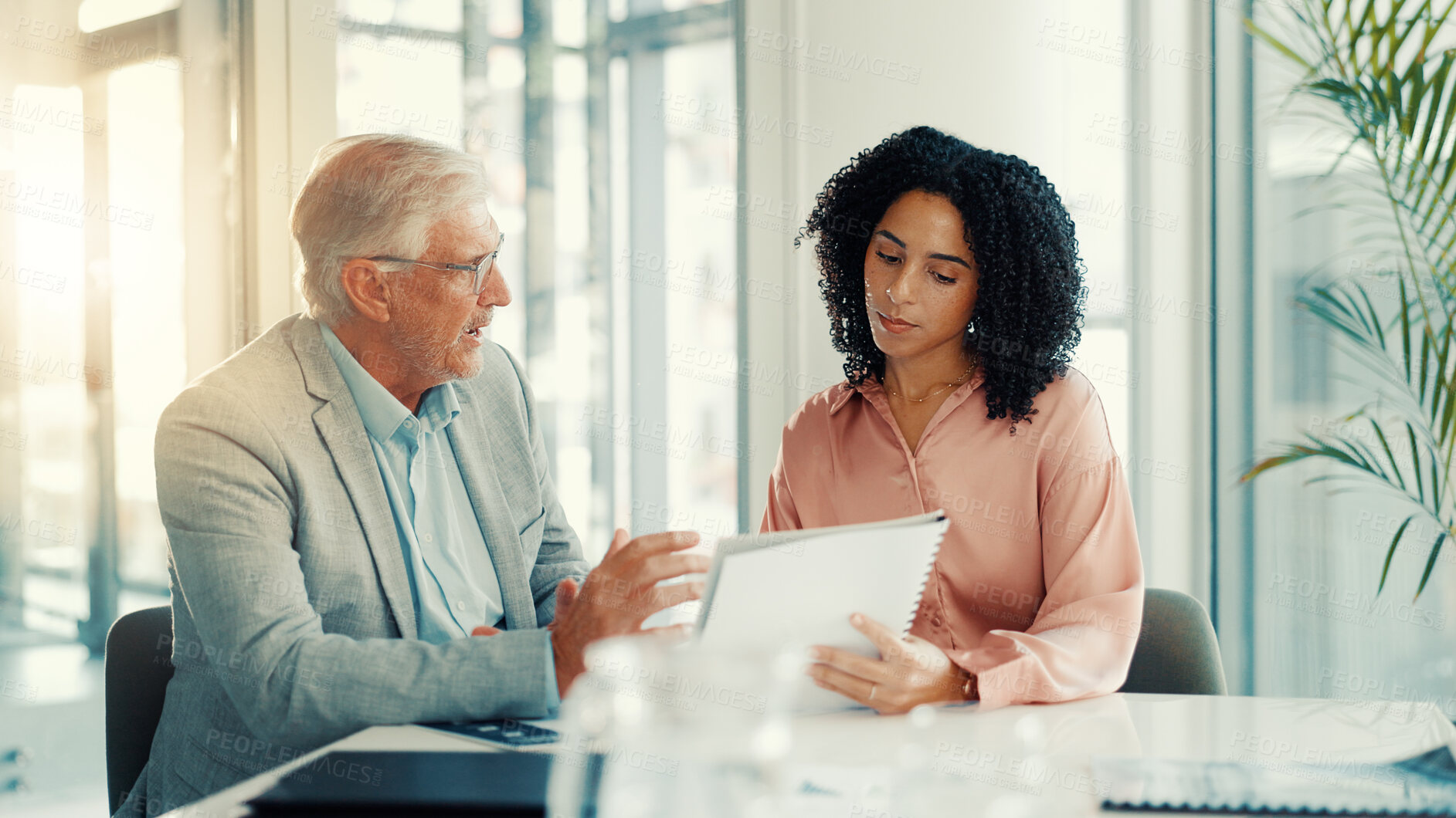 Buy stock photo Business people, planning and documents in office, conversation or research for sales project. Employees, paperwork and ad agency with discussion, cooperation and advice for budget report or help