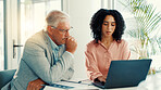 Business people, cooperation and laptop in office, conversation or email for sales project. Employees, computer and ad agency with internet, planning and advice for budget report, research or talking