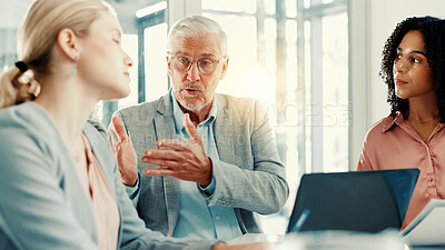 Buy stock photo Boardroom, boss and group with laptop, talking and discussion for performance of employee in office. Meeting, financial analyst and conversation for return on investment, colleagues and people