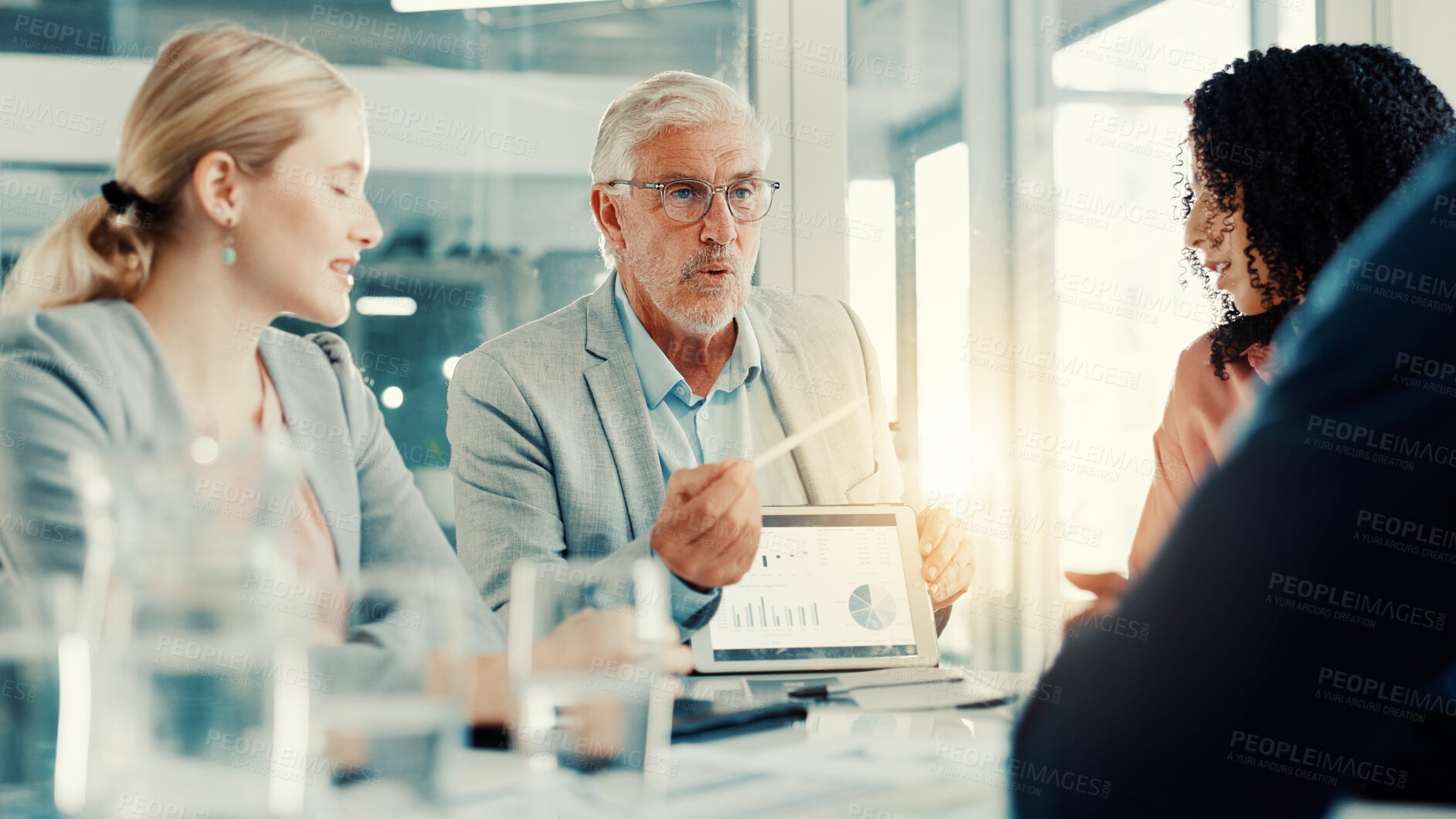 Buy stock photo Presentation, businessman and tablet screen with charts in meeting, investment metrics or planning. Office, team or brainstorming with financial dashboard, data or performance analysis with kpi stats