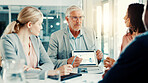 Discussion, businessman and tablet screen with charts in meeting, investment metrics or planning. Office, team or brainstorming with financial manager for data analysis or presentation with kpi stats