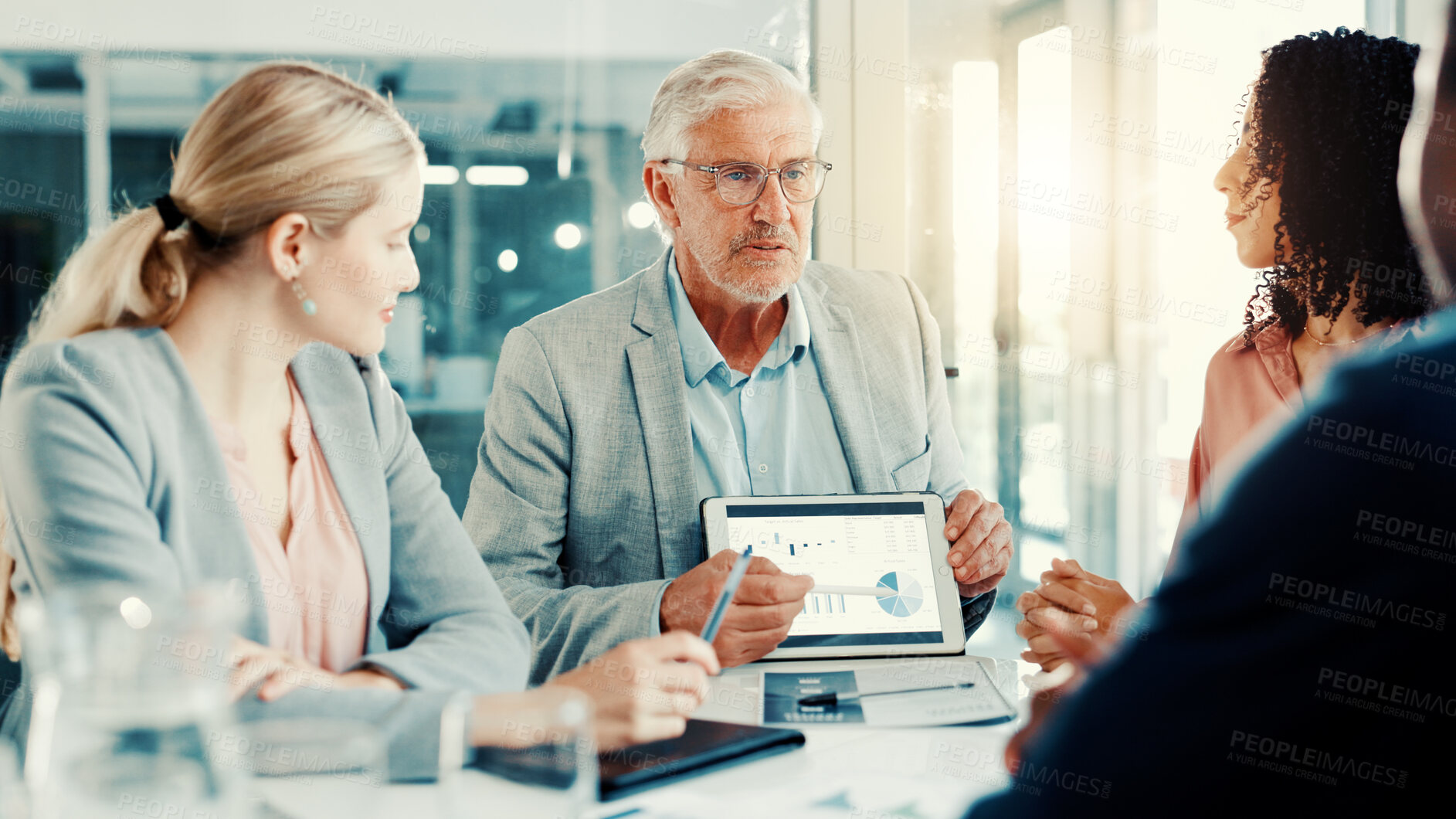 Buy stock photo Discussion, businessman and tablet screen with charts in meeting, investment metrics or planning. Office, team or brainstorming with financial manager for data analysis or presentation with kpi stats