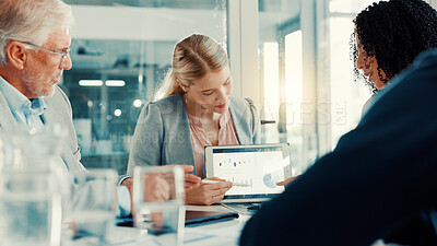 Buy stock photo Discussion, business woman and tablet screen with graph in meeting, investment stats and planning. Office, team and professional with technology for financial data, analysis and sales presentation