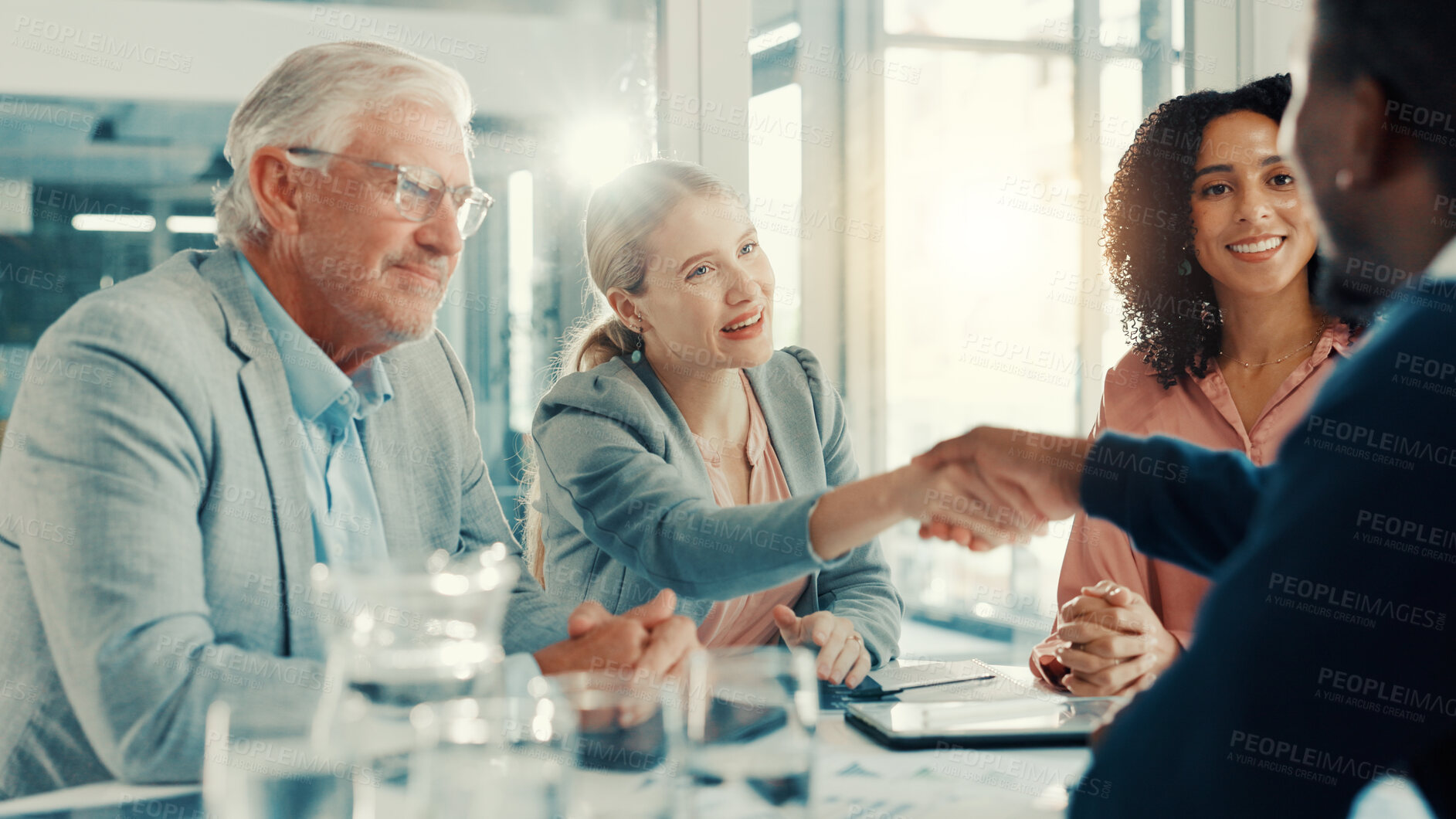 Buy stock photo Shaking hands, applause and business people in office for meeting with finance deal or partnership. Agreement, clapping and financial advisors with handshake for congratulations on investment goal.