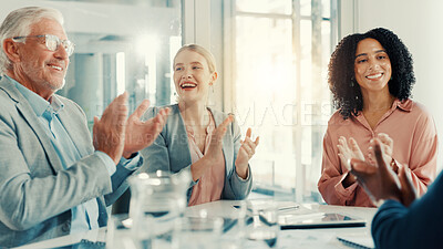 Buy stock photo Applause, achievement and business people in office with good news, promotion or team meeting. Happy, clapping hands and financial advisors with manager for positive feedback discussion in workplace.