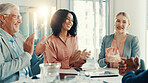Applause, team and business people in office with good news, promotion or company achievement. Happy, clapping hands and financial advisors with manager for positive feedback discussion in workplace.