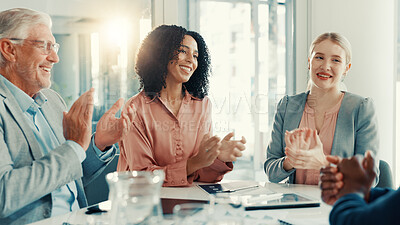 Buy stock photo Applause, team and business people in office with good news, promotion or company achievement. Happy, clapping hands and financial advisors with manager for positive feedback discussion in workplace.