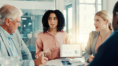 Buy stock photo Proposal, business woman and tablet screen with graph in meeting, investment stats or planning. Office, analyst and team brainstorming with technology for financial data, metrics and presentation