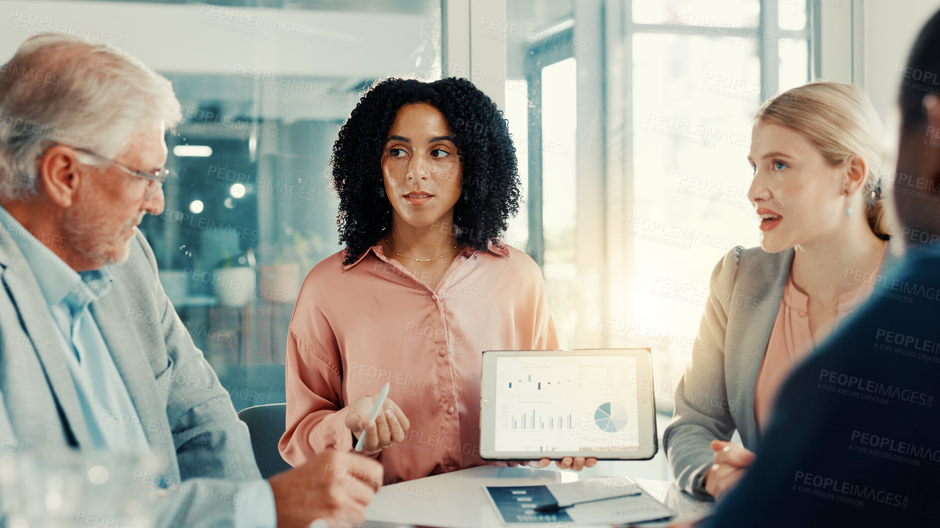 Buy stock photo Proposal, business woman and tablet screen with graph in meeting, investment stats or planning. Office, analyst and team brainstorming with technology for financial data, metrics and presentation