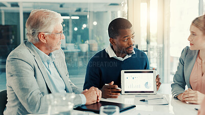 Buy stock photo Group presentation, businessman and tablet screen with graph, investment stats and planning. Meeting, analyst and brainstorming with technology for financial data, metrics and discussion in office
