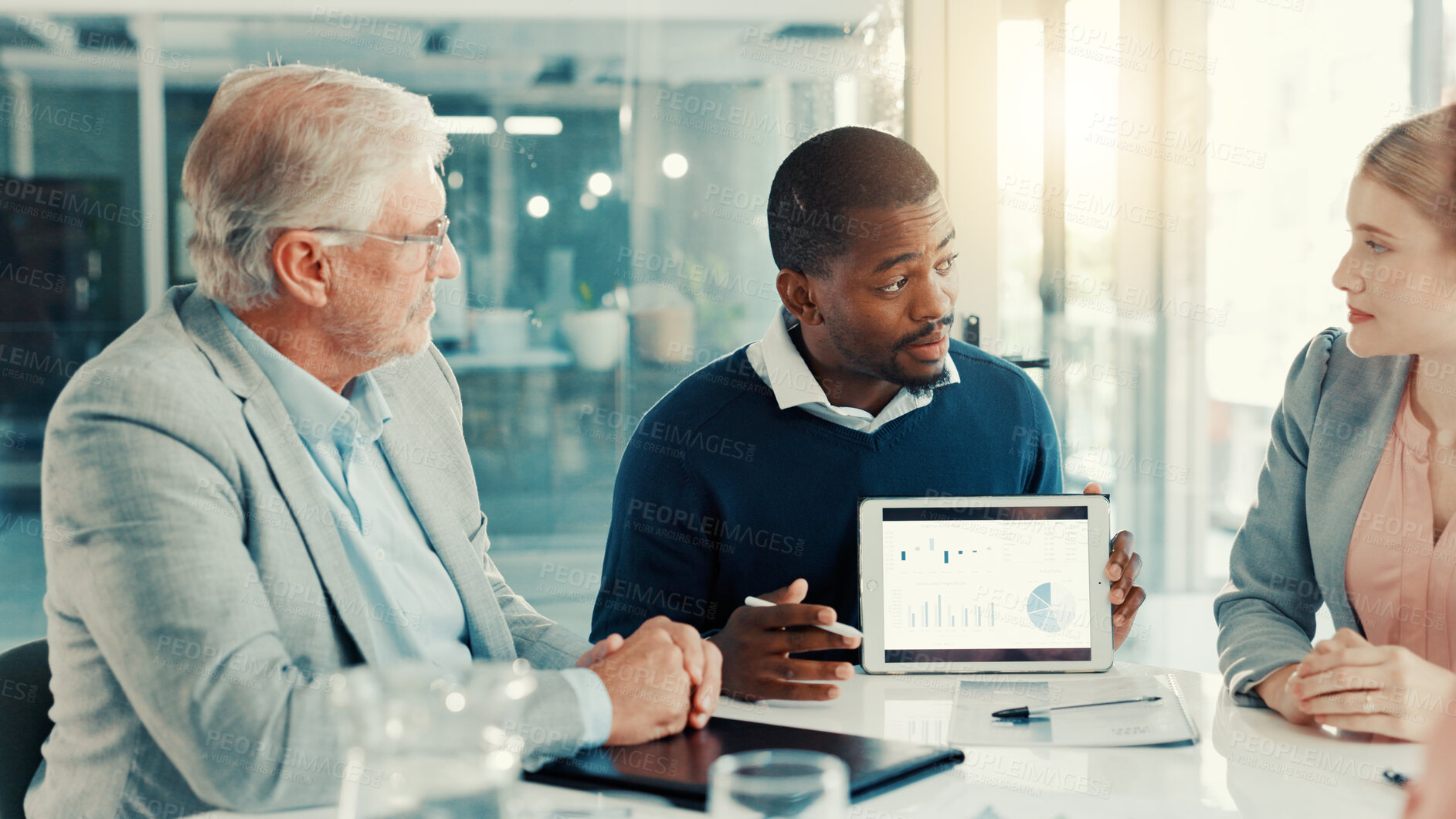 Buy stock photo Group presentation, businessman and tablet screen with graph, investment stats and planning. Meeting, analyst and brainstorming with technology for financial data, metrics and discussion in office