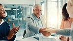 Handshake, applause and business people in office for meeting with finance deal or partnership. Agreement, clapping and financial advisors with shaking hands for congratulations on investment goal.