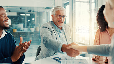 Buy stock photo Handshake, applause and business people in office for meeting with finance deal or partnership. Agreement, clapping and financial advisors with shaking hands for congratulations on investment goal.