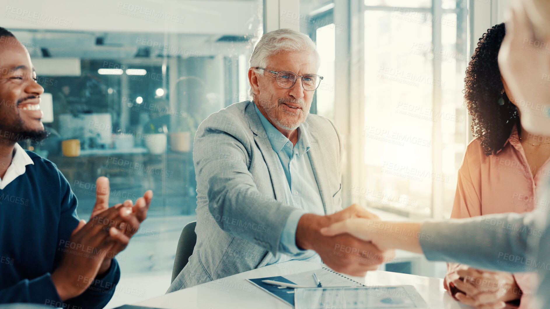 Buy stock photo Handshake, applause and business people in office for meeting with finance deal or partnership. Agreement, clapping and financial advisors with shaking hands for congratulations on investment goal.