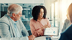 Group presentation, businesswoman and tablet screen with graph, investment stats and planning. Meeting, analyst and brainstorming with technology for financial data, metrics and discussion in office