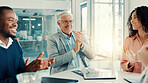 Applause, meeting and business people in office with good news, promotion or team achievement. Happy, clapping hands and financial advisors with manager for positive feedback discussion in workplace.
