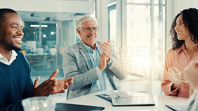 Buy stock photo Applause, meeting and business people in office with good news, promotion or team achievement. Happy, clapping hands and financial advisors with manager for positive feedback discussion in workplace.