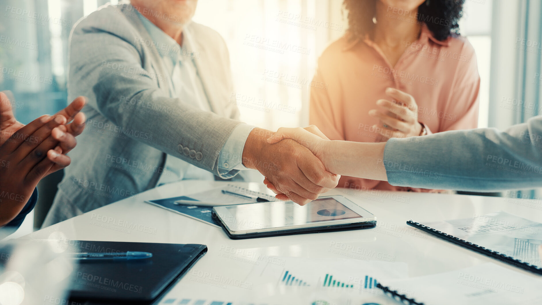 Buy stock photo Shaking hands, thank you and business people in office for meeting with finance deal or partnership. Agreement, applause and financial advisors with handshake for congratulations on investment goal.