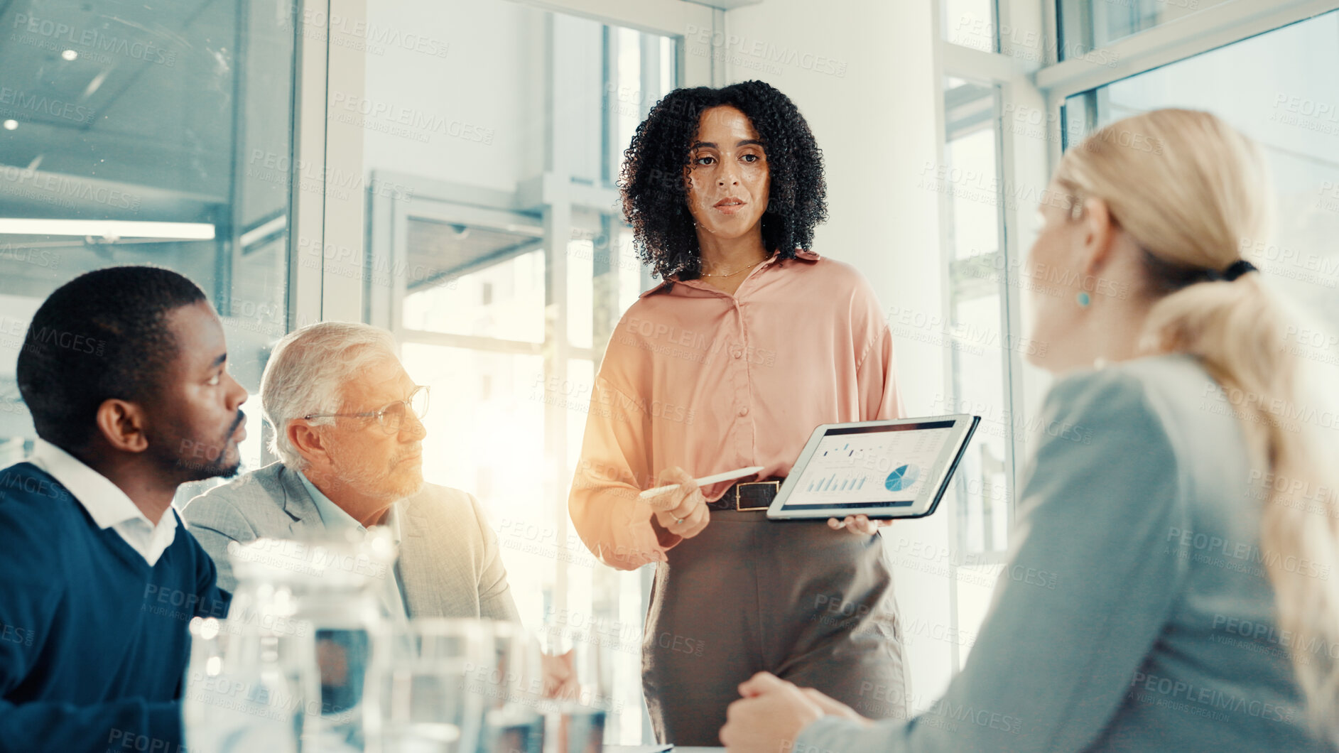Buy stock photo Group presentation, businesswoman and tablet screen with data, investment stats and planning. Meeting, analyst and brainstorming with technology for financial charts, proposal or discussion in office