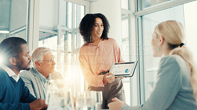 Buy stock photo Presentation, business woman and tablet screen with data, investment stats and planning. Meeting, happy analyst and brainstorming with technology for financial charts or team discussion in office