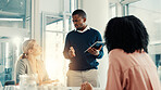 Presentation, talking and business people in office, tablet and feedback for budget report. Group, employees and financial agency in workplace, fintech and speaker with seminar, app and cooperation