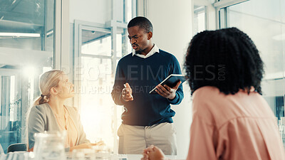 Buy stock photo Presentation, talking and business people in office, tablet and feedback for budget report. Group, employees and financial agency in workplace, fintech and speaker with seminar, app and cooperation